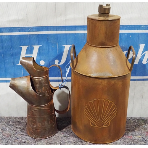 493 - Modern fuel can and oil pourers with Shell and Gulf logo