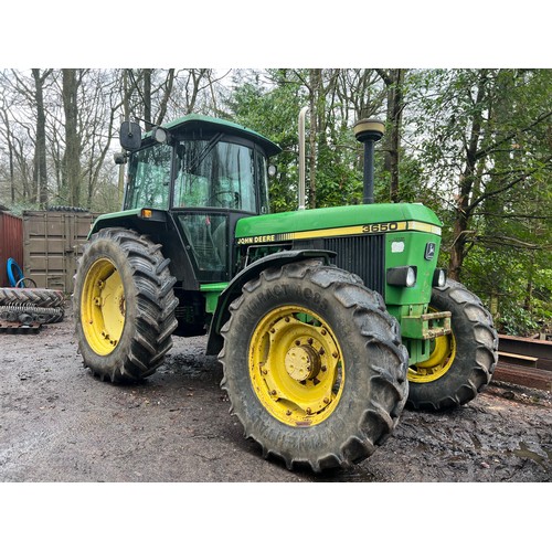 479 - John Deere 3650 tractor. 1991. Runs and drives. Fitted with underslung front weights. Reg J485 WVW