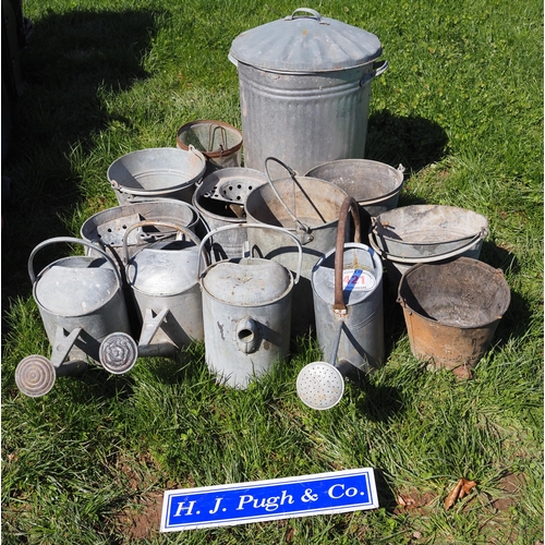 421 - Galvanised watering cans, buckets, etc.