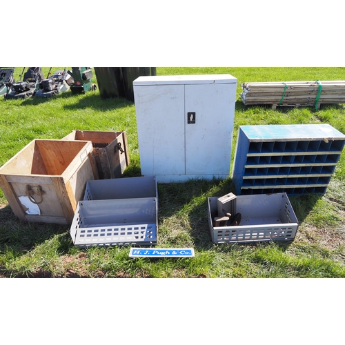 472 - 2 Door metal cupboard, pigeon shelves and 2 wooden buoys