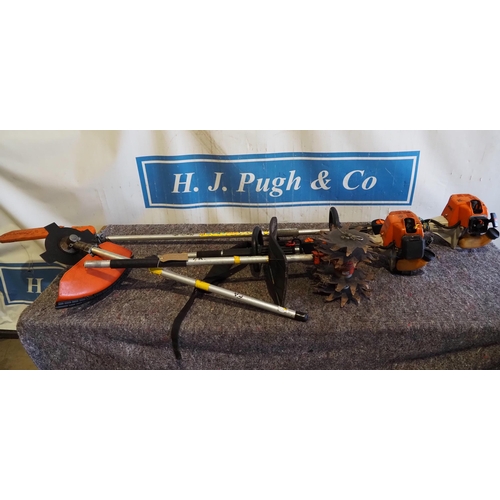 608 - 2 Stihl combi engine units with pruner, strimmer and cultivator attachments
