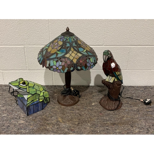 284 - Stained glass frog lamp, stained glass parrot lamp and stained glass table lamp