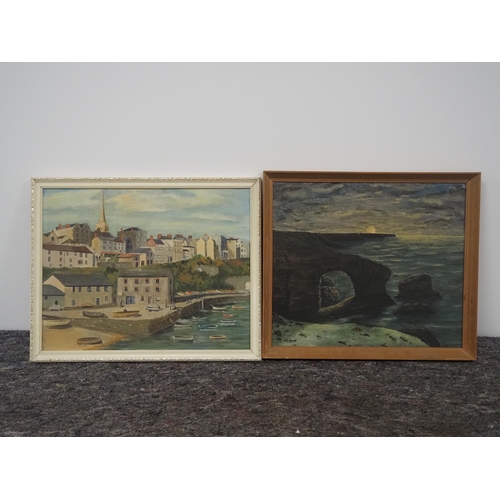 296 - 2 Oil on board paintings of the sea and a harbor 14