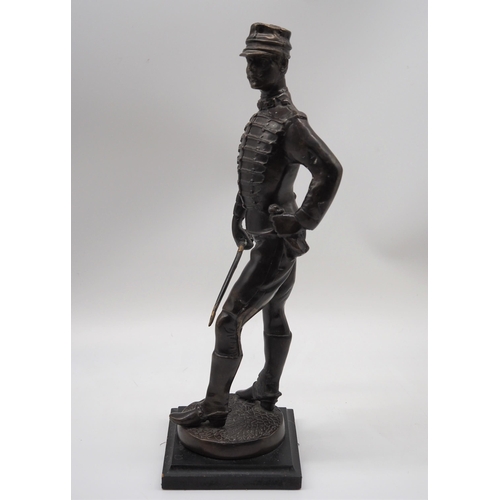 306 - Bronze Napoleonic Hussar soldier statue on base 14