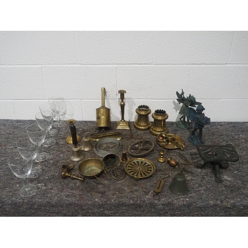 327 - Quantity of assorted brass ware to include meat spit, wine goblets and other ornaments