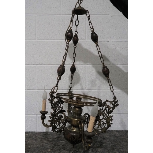 340 - Brass and wood ornate hanging light fitting