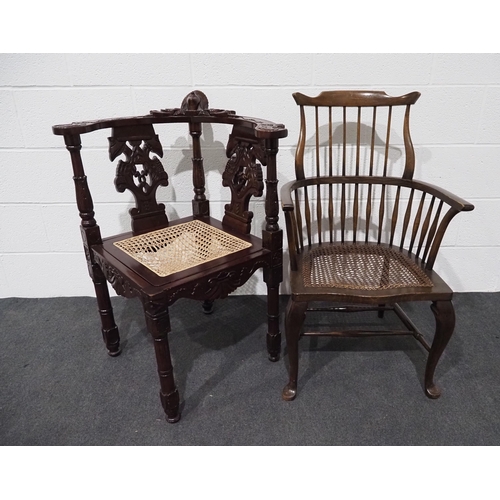 80 - Carved mahogany rush seated corner chair and mahogany arm chair with rush seat