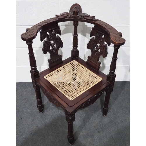 80 - Carved mahogany rush seated corner chair and mahogany arm chair with rush seat