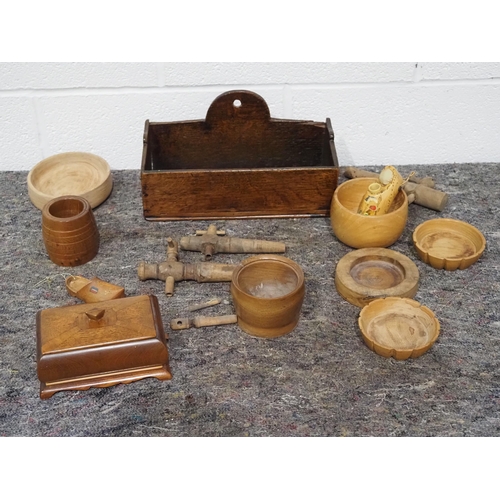 94 - 8 Treen items to include cigarette box and 3 old wooden spigots