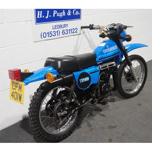 972 - Suzuki TS100 ERX motorcycle, 1980, 98cc.
Reg. CFM 401W. V5 and key