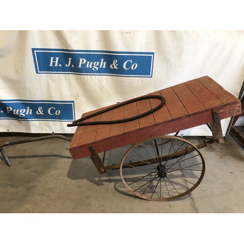 1377 - Vintage wooden single axle cart with iron wheels