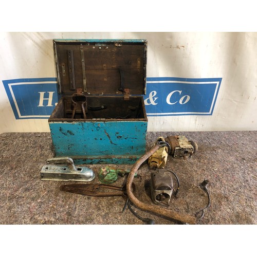 1493 - Wooden tool box with assorted tools and vintage magnetos