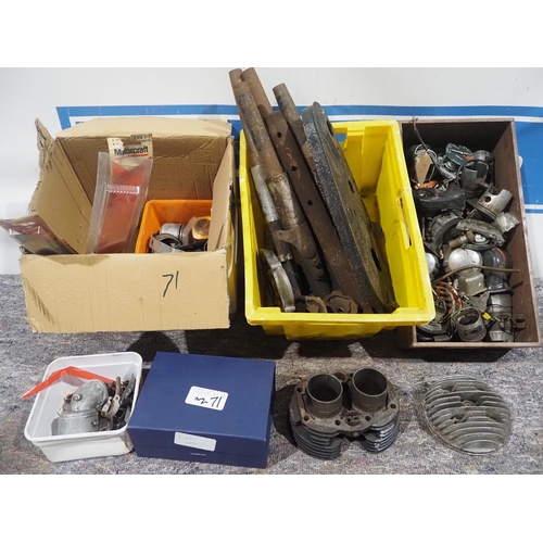 657 - Spark plugs, BSA stanchions, horns, barrels etc.