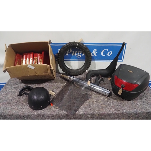 676 - Yamaha DT125 exhaust, MV Augusta 250 silencer, vintage style helmet, goggles, etc.