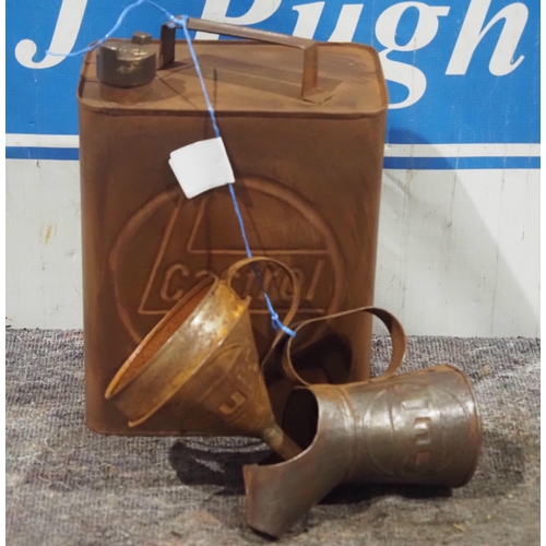 744 - Modern fuel can, oil pourer and funnel with Castrol and Gulf logo