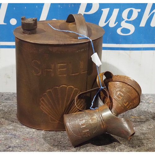 748 - Modern fuel can, oil pourer and funnel with Shell and Gulf logo