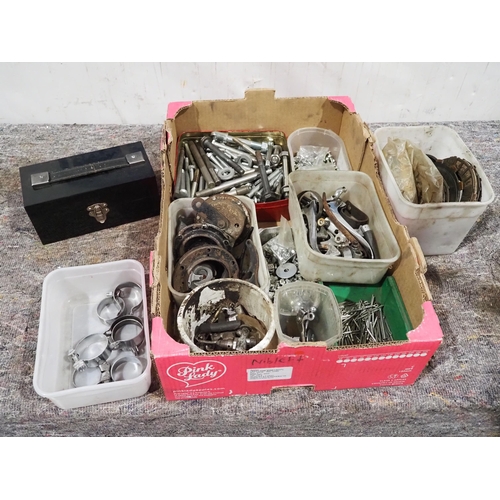 762 - Toolbox and box of assorted bolts, clamps, levers, etc.