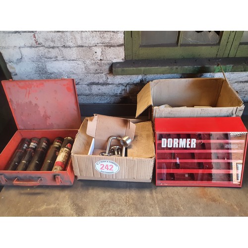 242 - Grease cartridges, hand rail brackets and drill bit display case