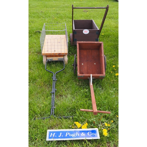 202 - 3 Hand made wooden barrows and cart