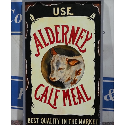 695A - Painting on board of an original enamel sign - Alderney Calf Meal 36 x 22