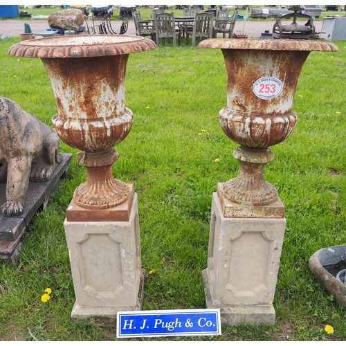 253 - Pair of 3ft cast iron urns on stone plinths