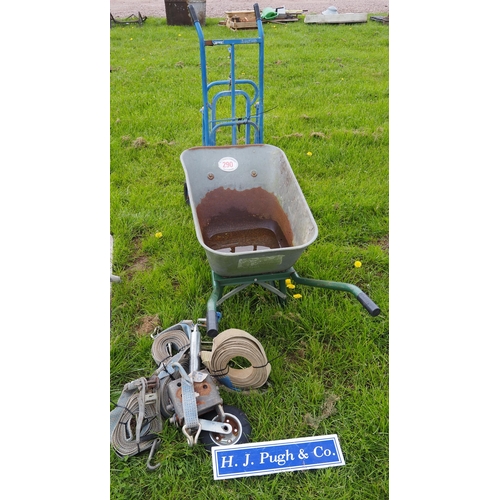 290 - Wheel barrow, straps, trailer parts etc.