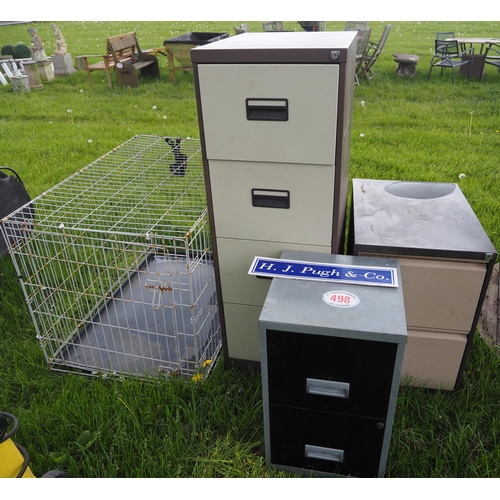 498 - Dog cage and 3 filing cabinets