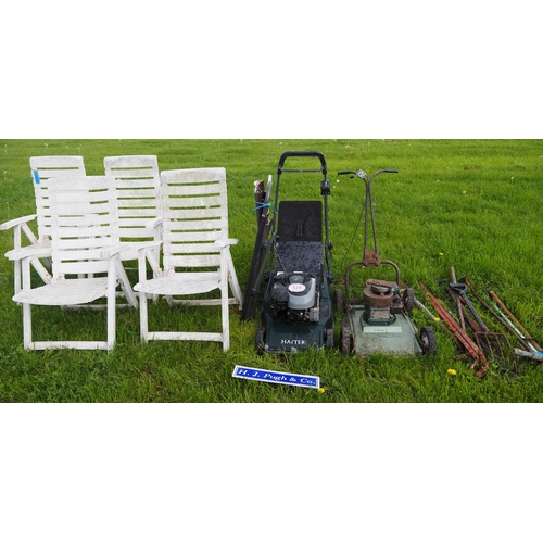 525 - Garden tools, garden chairs and 2 mowers