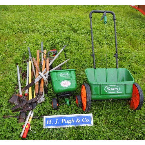 588 - Quantity of garden tools, large and small Scott seed spreader