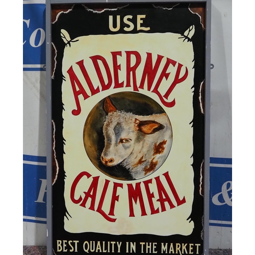 1736 - Painting on board of an original enamel sign - Alderney Calf Meal 36 x 22