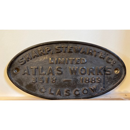 205 - Pair of Sharpe Stewart & Co Atlas Works 3518-1889 Brass plaques 39.5cm x 20cm