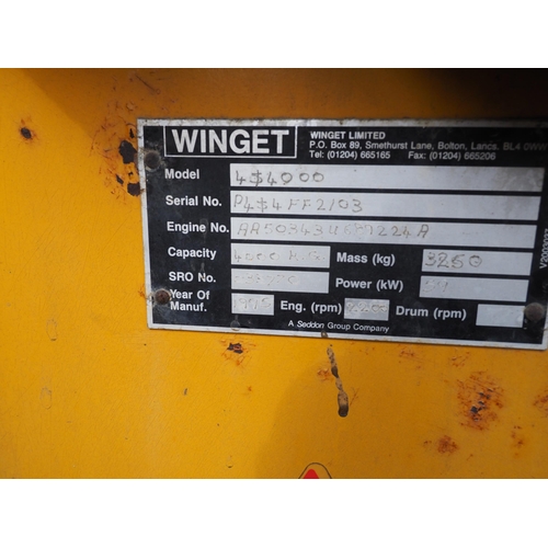 406 - Winget 4S 4000 dumper. 1995. Runs and drives. 4465 Hours showing, on flotation tyres. Reg. M886 YNO