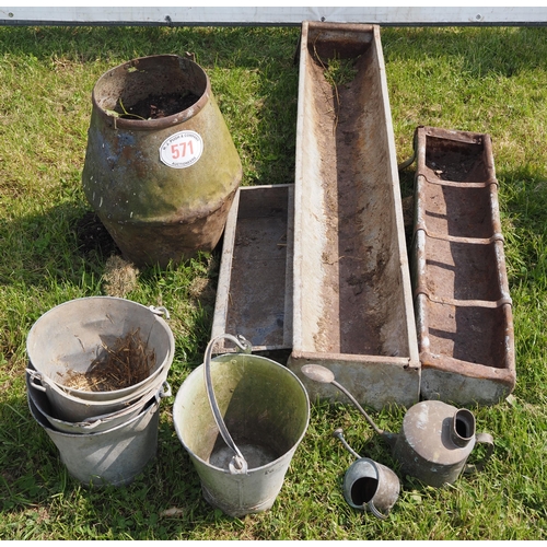 571 - Galvanised troughs, buckets, etc.