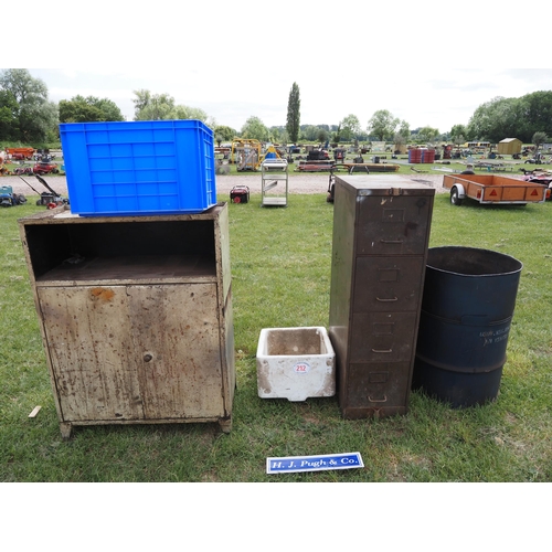 212 - Metal 2 door unit, Belfast sink, filing cabinet, etc.