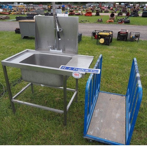 491 - Stainless steel sink unit and 4 wheel trolley