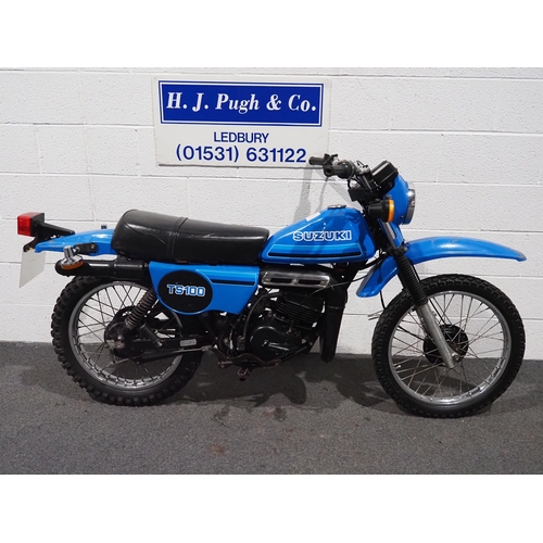 974 - Suzuki TS100 ERX motorcycle, 1980, 98cc
Frame no. JS1SE11AOB2102214
Engine no. TS1002-179378
Engine ... 