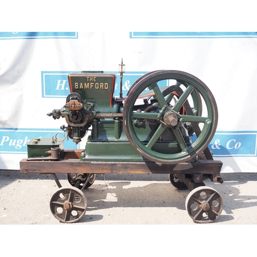 188 - The Bamford open crank stationary engine on trolley. 5/6HP. S/No. 0373. Working order c/w handle