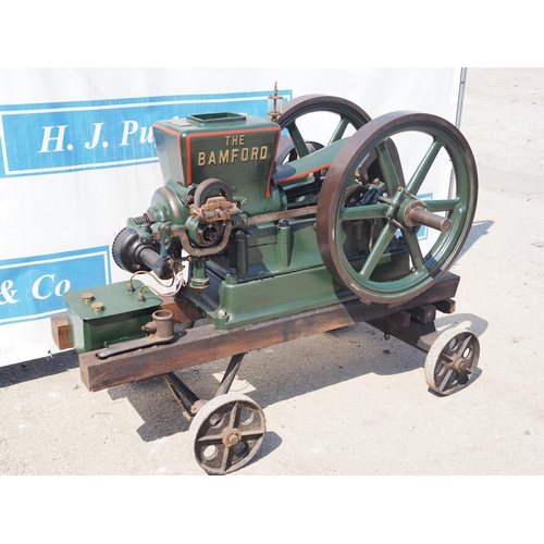 188 - The Bamford open crank stationary engine on trolley. 5/6HP. S/No. 0373. Working order c/w handle