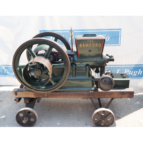 188 - The Bamford open crank stationary engine on trolley. 5/6HP. S/No. 0373. Working order c/w handle