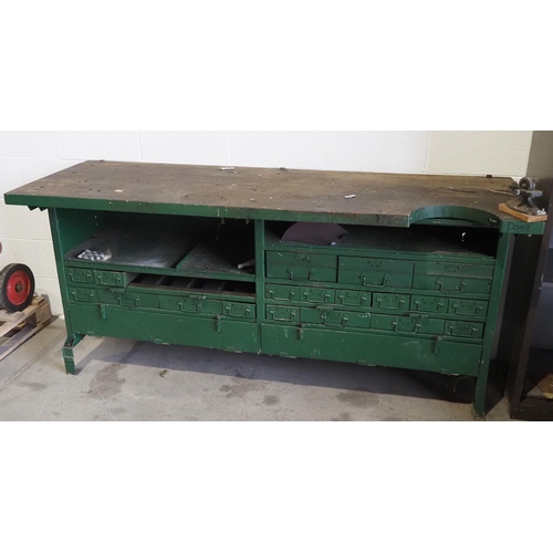 337 - Large steel work bench with wooden top and multiple drawers 78