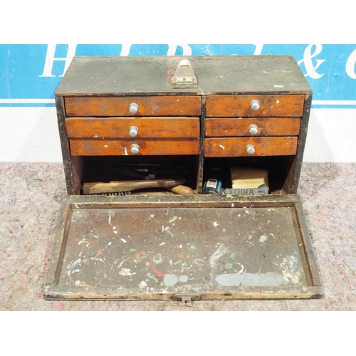 361 - Old wooden carpenters tool cabinet and contents of bicycle spares