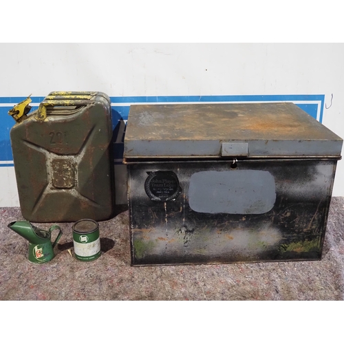 364 - Castrol oil pourer, grease tin, jerry can and metal storage box