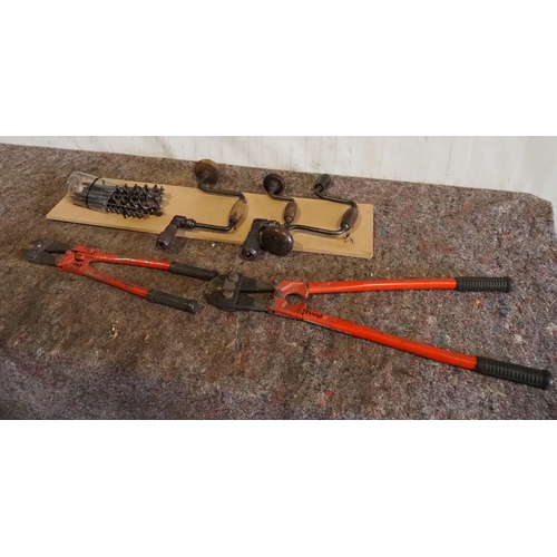 457 - 3 Hand brace drills with assorted auger drill bits and 2 bolt croppers