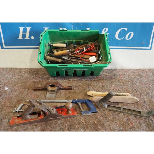 458 - Box of assorted hand tools to include planes