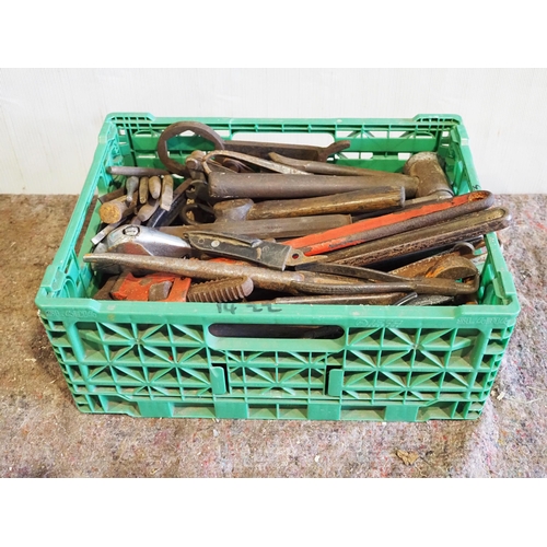 623 - Box of assorted hand tools to include large wrenches, spanners etc.