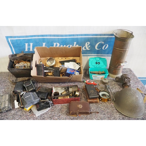 195 - Assorted vintage cameras, megger tester and other bygones