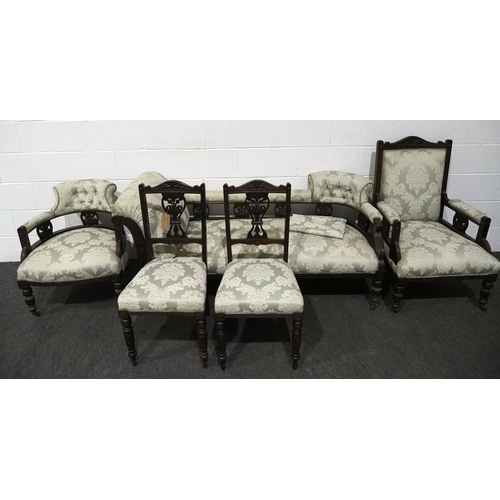 439 - Mahogany upholstered suite to include chaise lounge, armchairs and chairs