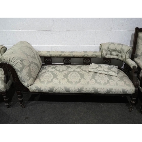 439 - Mahogany upholstered suite to include chaise lounge, armchairs and chairs