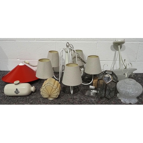 33 - Assorted light fittings and light shades to include red retro hanging lamp