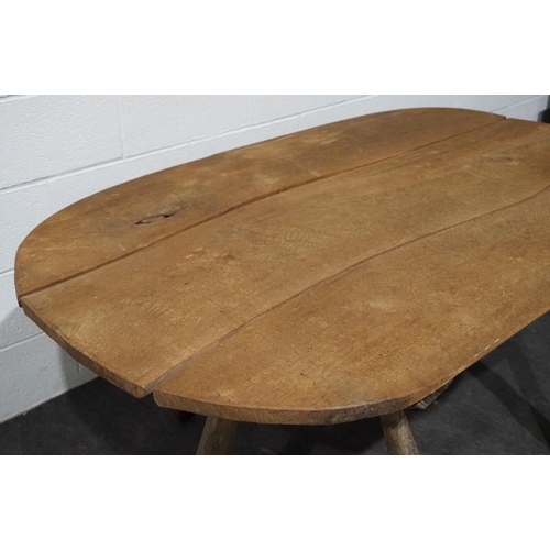 433 - Oak table on chestnut trestle legs. Comes with spare set of treadle legs with the bark still on 65